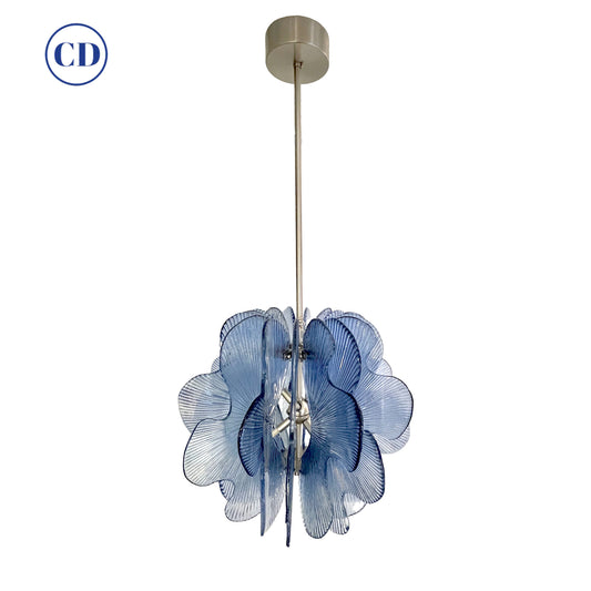 Modern Italian Wavy Blue Textured Murano Glass Satin Nickel Pendant/Chandelier
