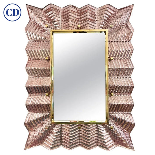 Customizable Italian Art Deco Design Small Ruffled Pink Murano Glass Brass Mirror