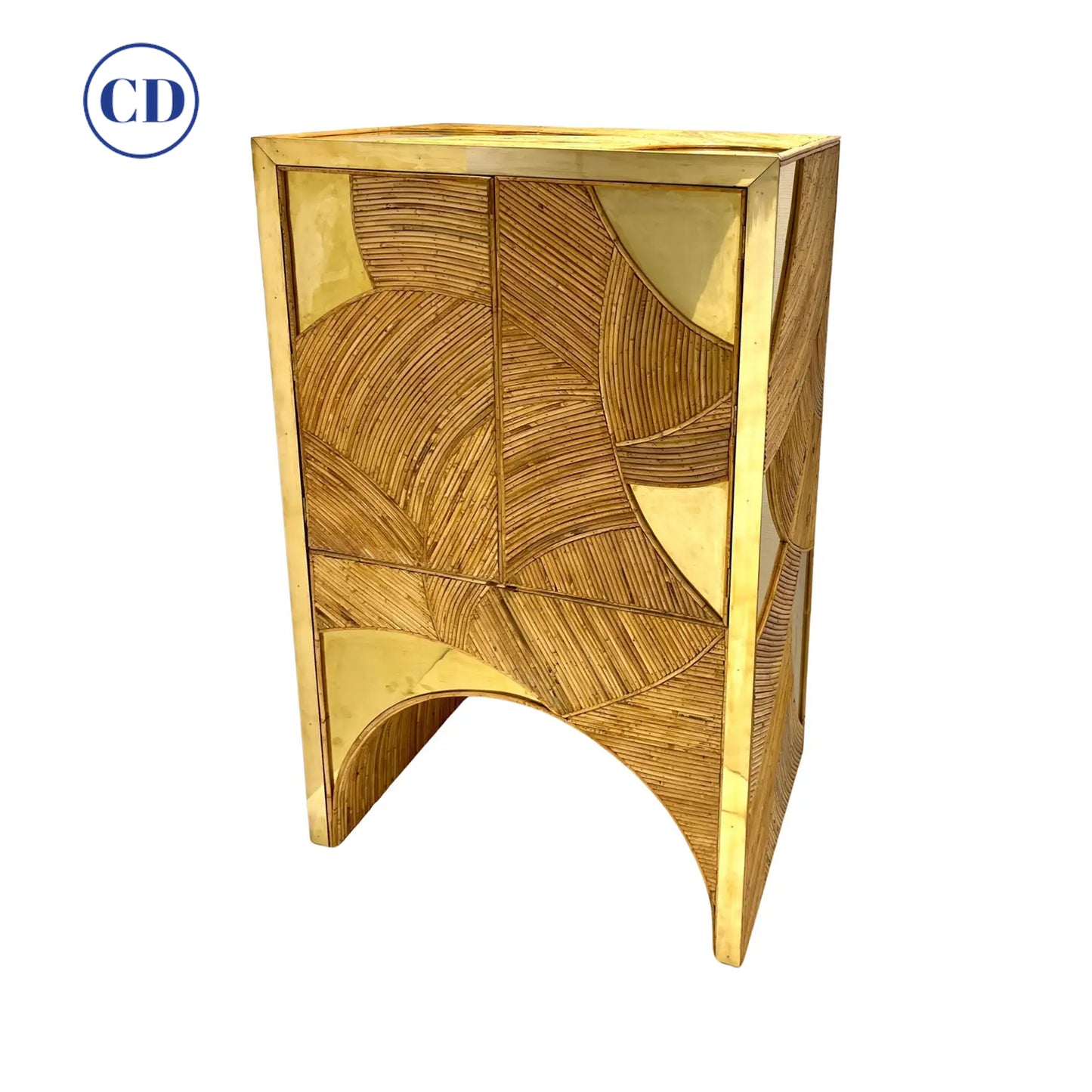 Contemporary Italian Bamboo Cabinet Bar with 2 Door 2 Glass Shelf Brass Details