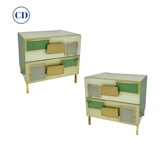 Italian Geometric Pair Postmodern Yellow Green Cream Gray Glass Brass Chests