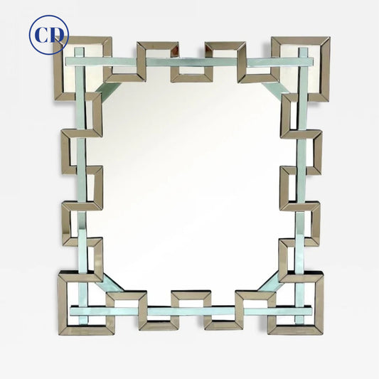 Contemporary Italian Geometric Murano Glass Mirror with Aqua Green Ribbon Decor