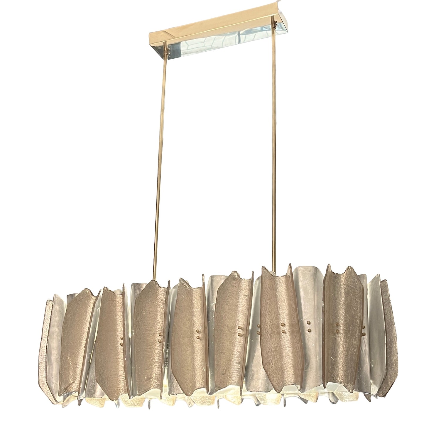 Italian Post Modern Amber Gold Silver Murano Glass Graphic Brass Oval Chandelier