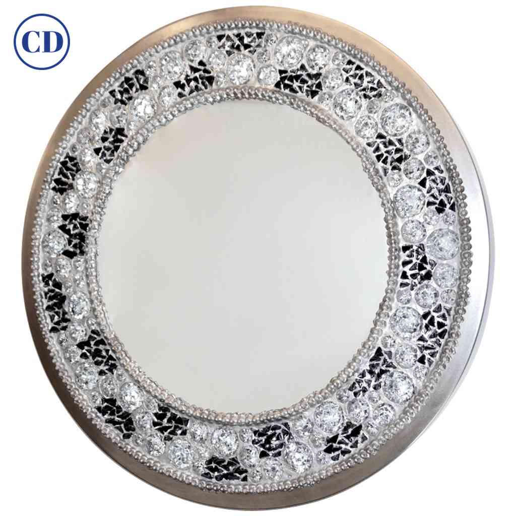 Contemporary Italian Lit Black & Clear Rock Crystal Nickel Round Wall Mirror