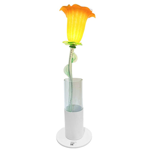 Italian Design Organic Modern Orange Art Glass Lit Flower White Vase/Table Lamp