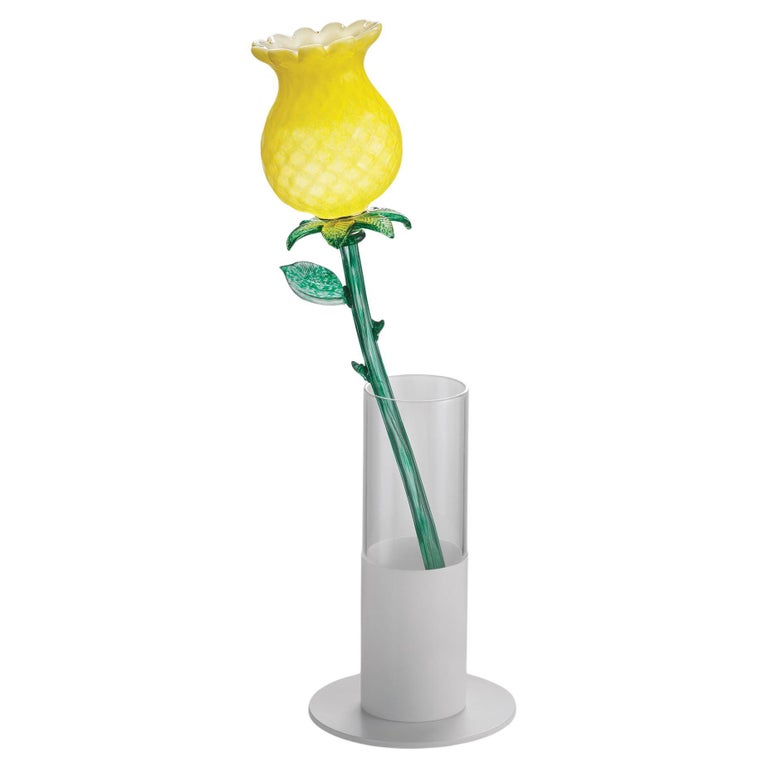 Italian Design Organic Modern Yellow Art Glass Lit Flower White Vase/Table Lamp