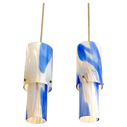 1960s Venini Organic White Blue Gold Murano Glass Tall Pair Modern Pendants