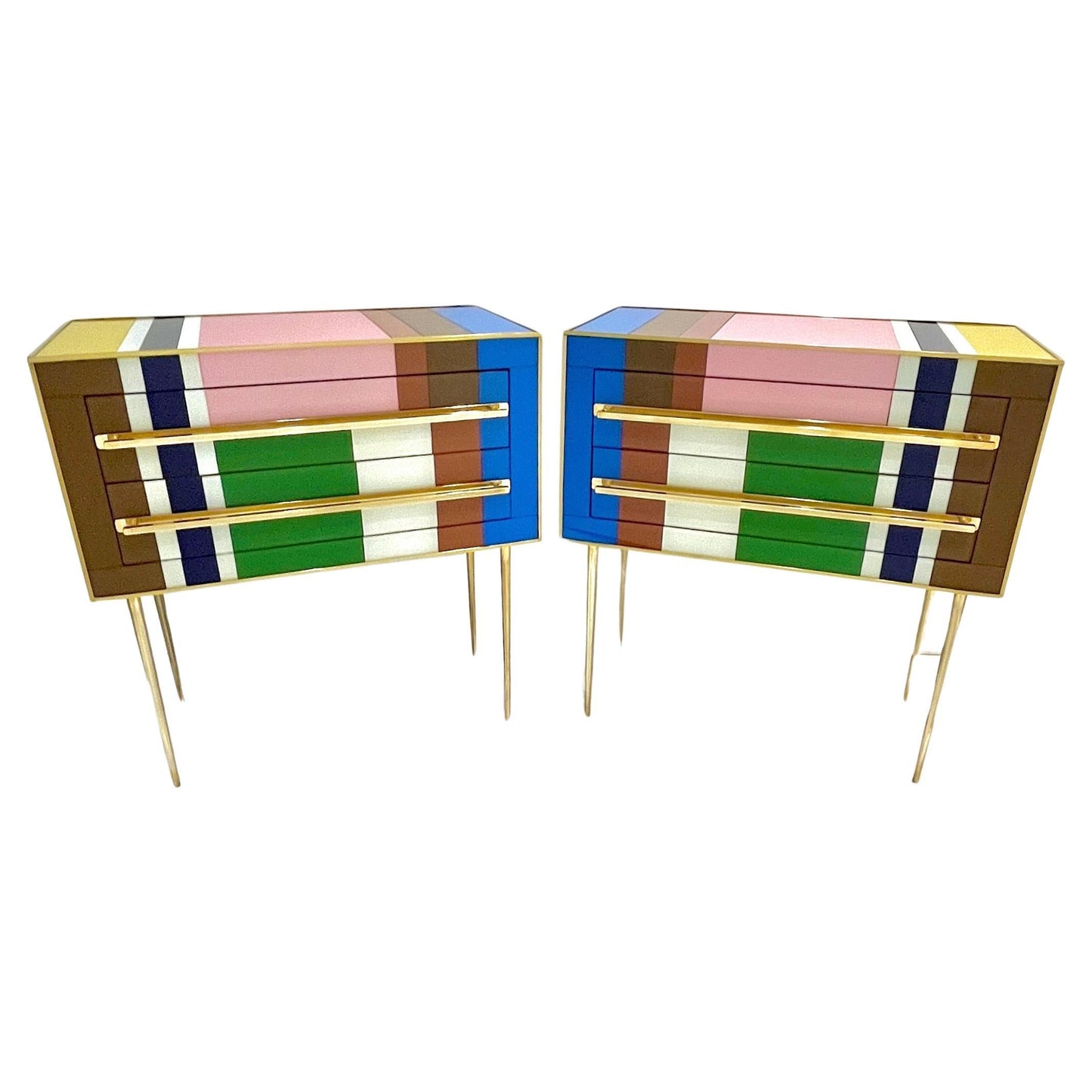 Bespoke Italian Pair of Mondrian Style Blue Green Yellow Chests / End Tables