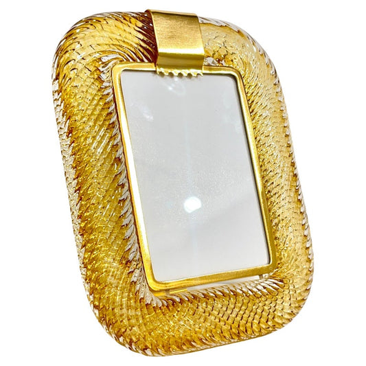 2010 Modern Italian Gold Amber Crystal Twisted Murano Glass Brass Picture Frame