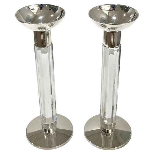 1970s Mid Century Modern French Pair of Crystal & Chrome Faceted Candle Holders