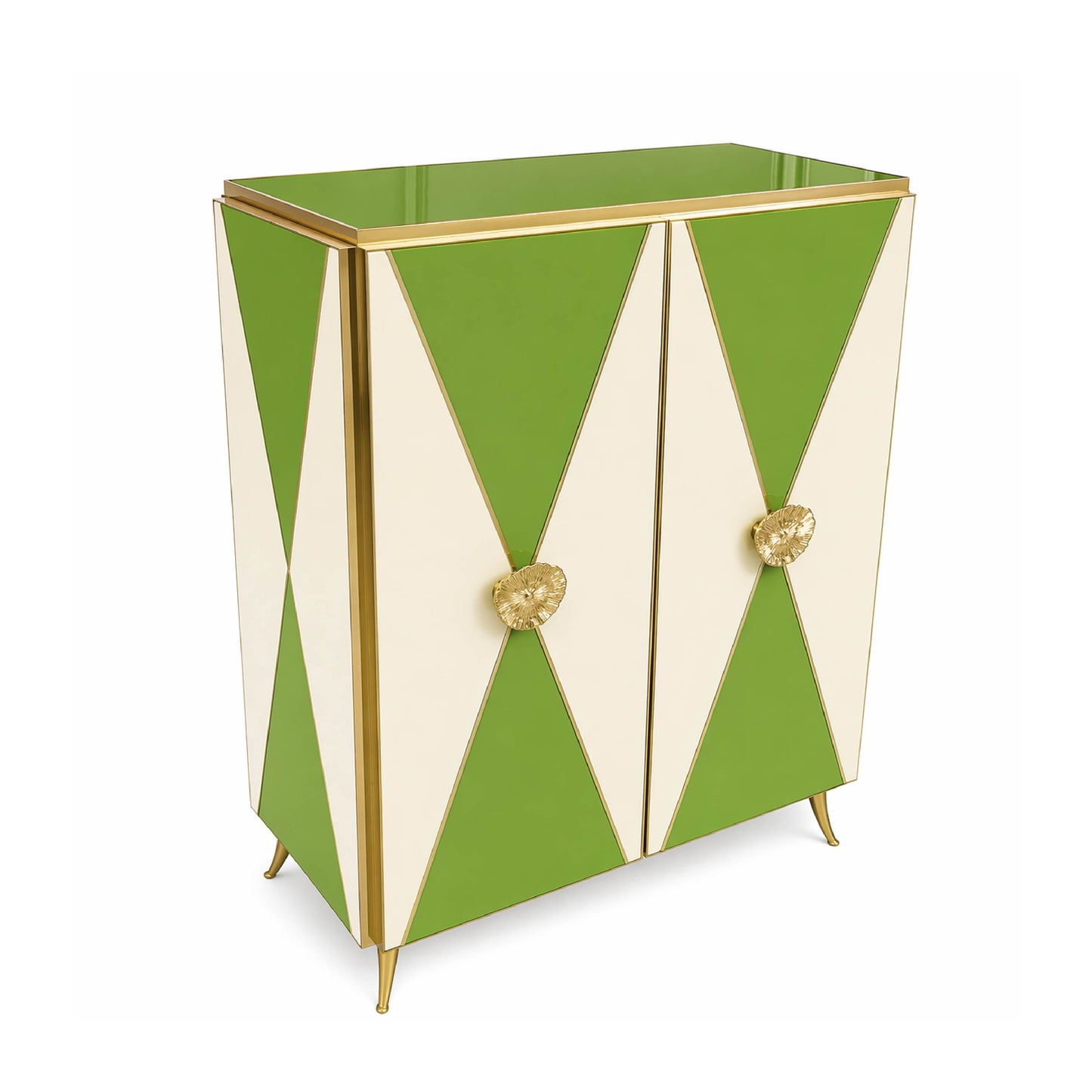 Bespoke Italian Art Design Brass White & Dark Blue Glass 2-Door Highboy Cabinet