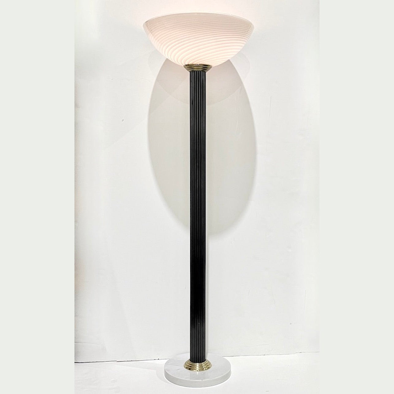 1950s Antique Art Deco Design White Murano Glass Black Lacquered Wood Floor Lamp