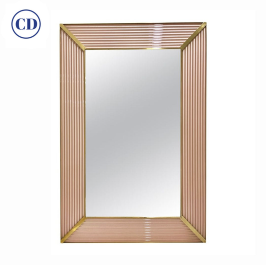 Bespoke Italian Art Deco Design Iridescent Pink Fluted Murano Glass Brass Mirror