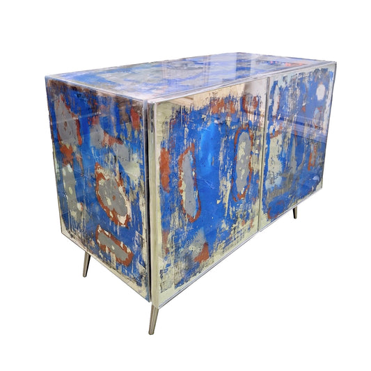 Italian Post Modern Abstract Art Blue Brown Satin Nickel Finish Mirror Cabinet