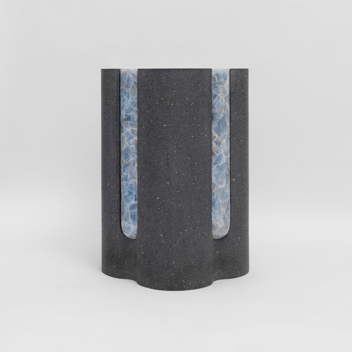 Bespoke Black Lava Stone & Blue Calcite Graphic Modern Sidetable/Stool