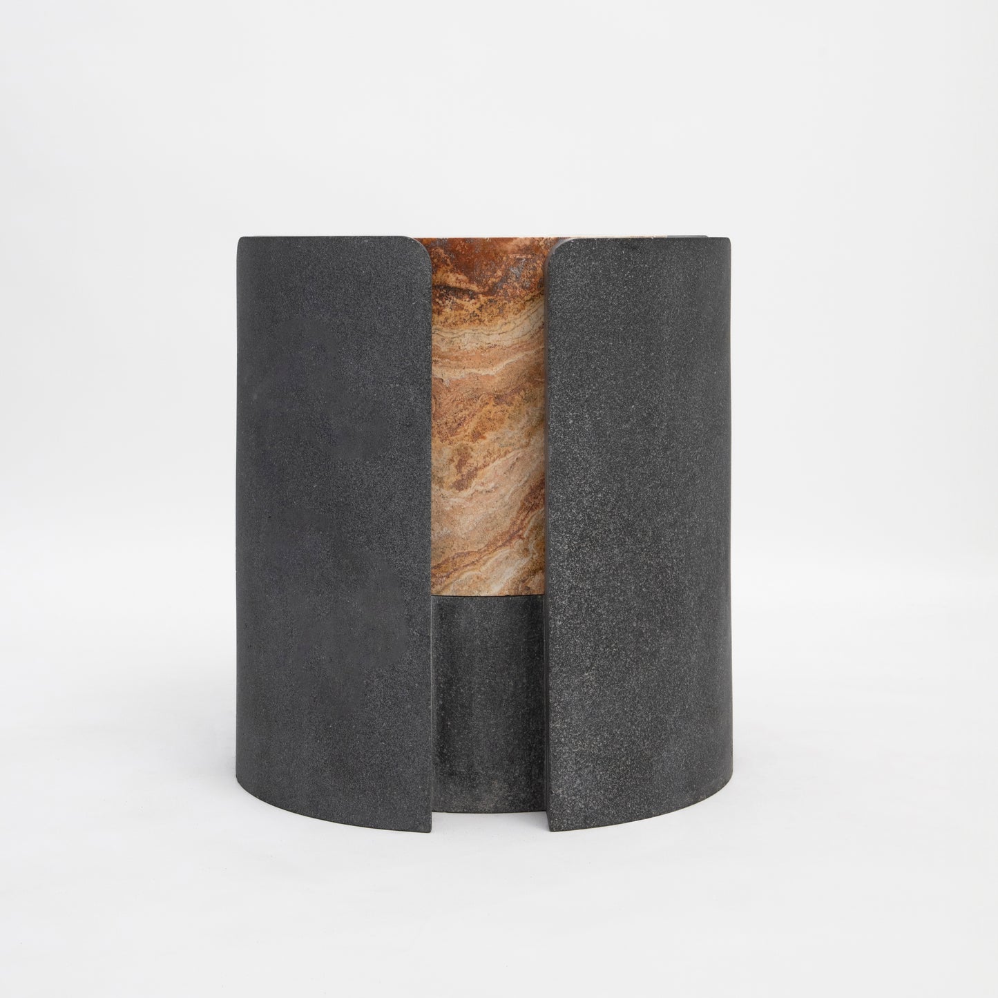 Bespoke Black Lava Stone & Red Travertine Graphic Modern Round Sidetable/Stool