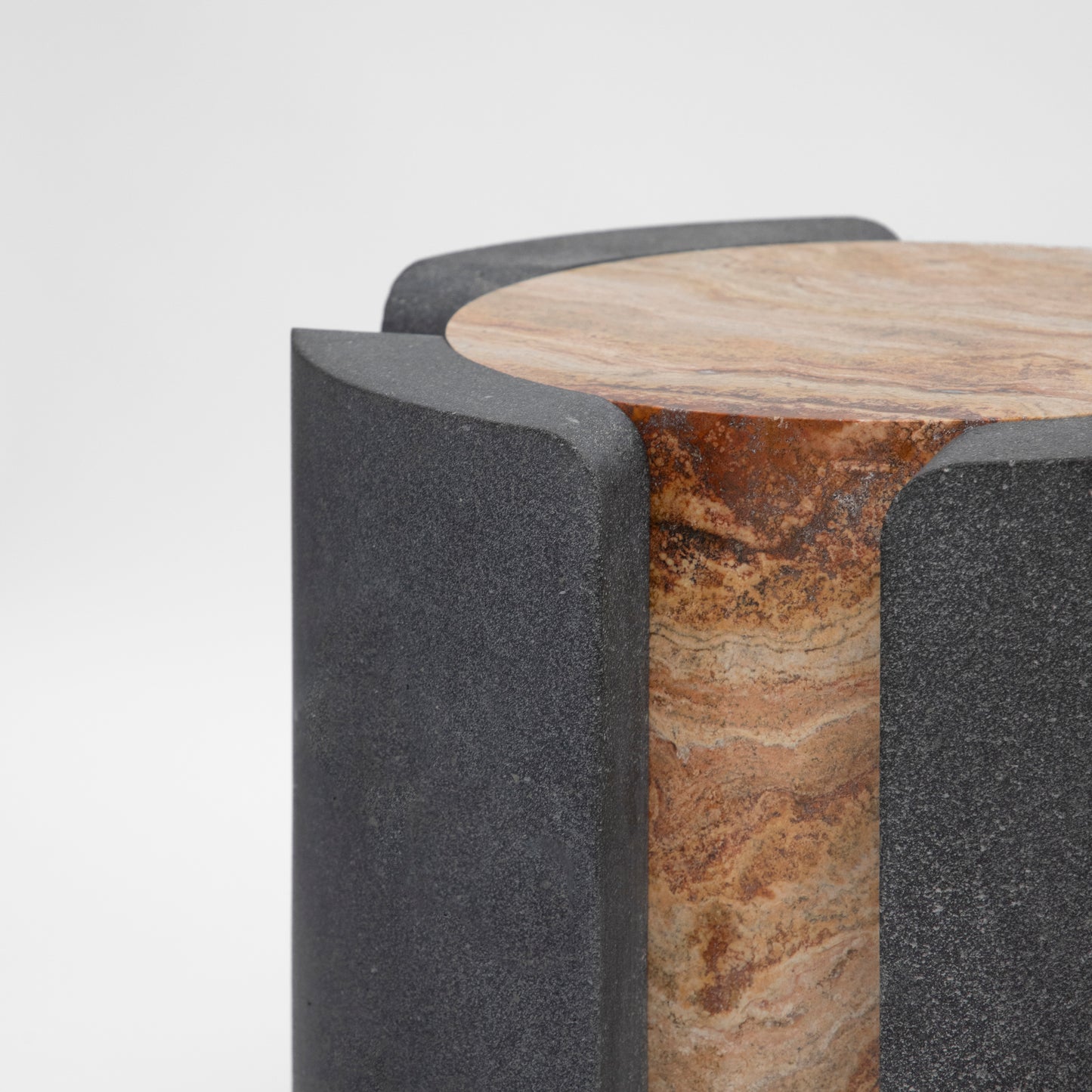 Bespoke Black Lava Stone & Red Travertine Graphic Modern Round Sidetable/Stool