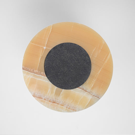 Bespoke Black Lava Stone & Warm Onyx Graphic Modern Round Sidetable/Stool