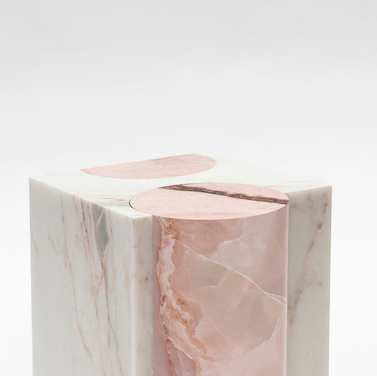 Bespoke Golden Calacatta Marble & Pink Onyx Graphic Modern Rectangular Sidetable/Stool