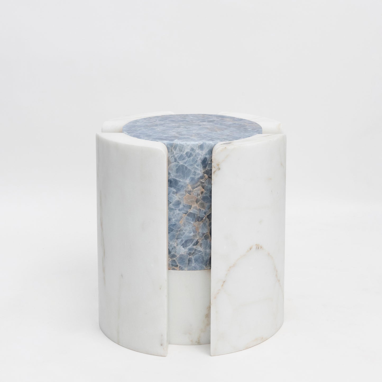 Bespoke Golden Calacatta Marble & Blue Calcite Graphic Modern Round Sidetable/Stool