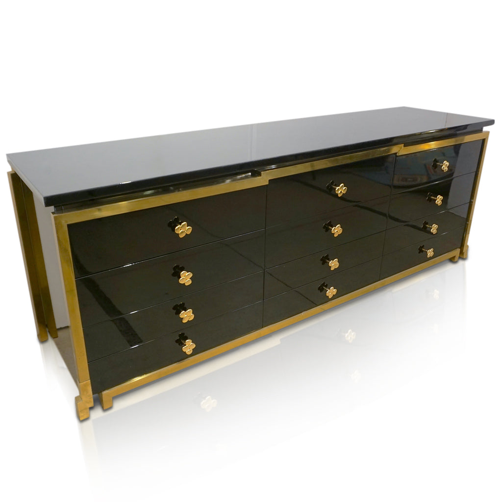 1970s Italian Vintage Studio A Brass & Black Lacquer 12-Drawer Dresser/Sideboard