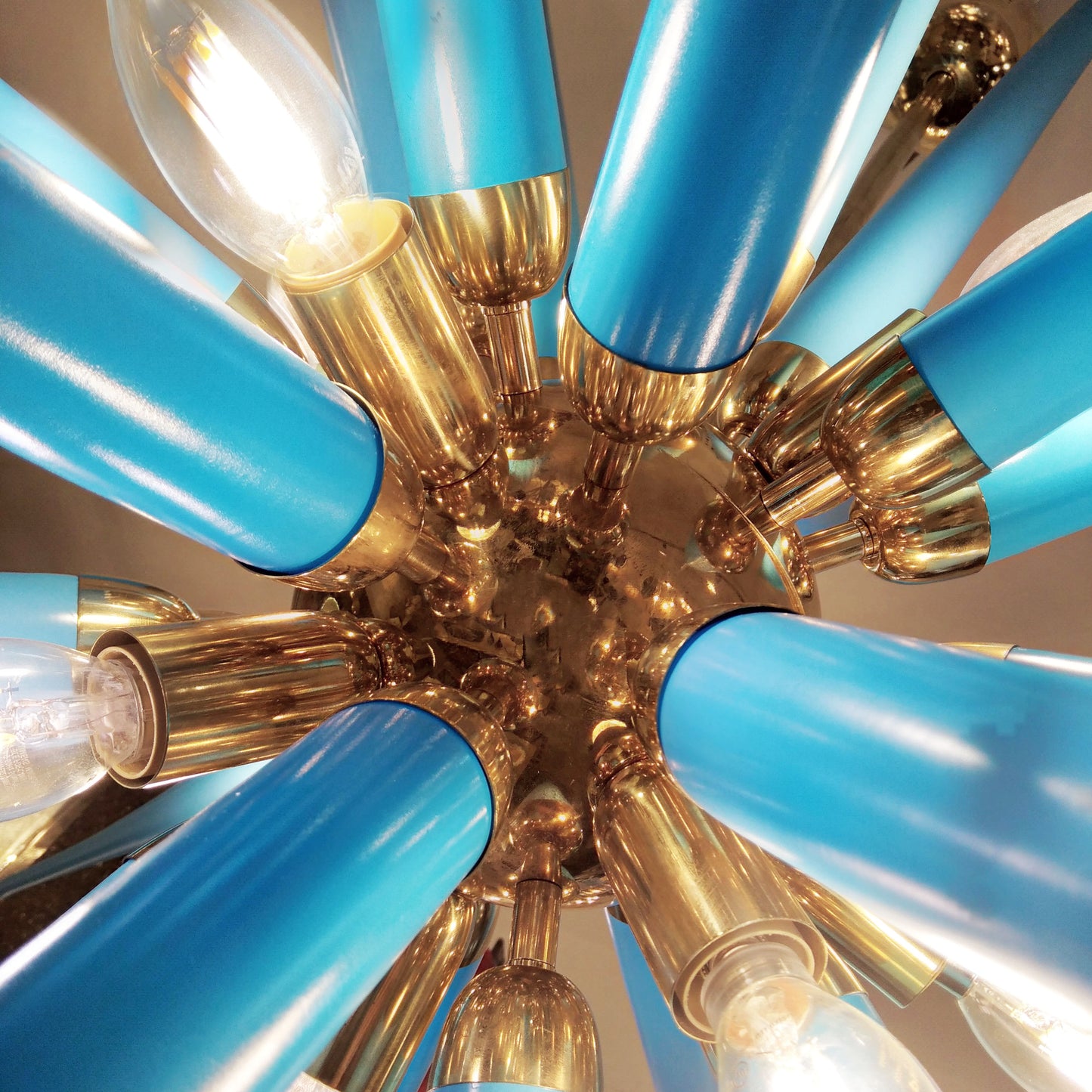Contemporary Italian Aquamarine Blue Murano Glass Paste Modern Brass Sputnik