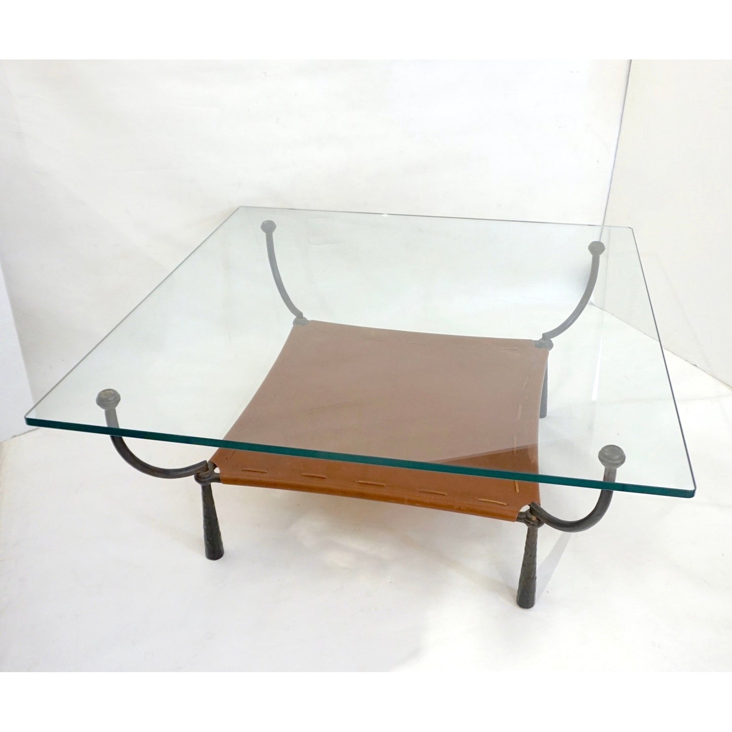 1970 Banci Vintage Italian Wrought Iron Brown Leather Square Glass Coffee Table