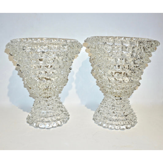 Italian Contemporary Hand Craft Pair of Crystal Rostrato Murano Glass Table Lamps