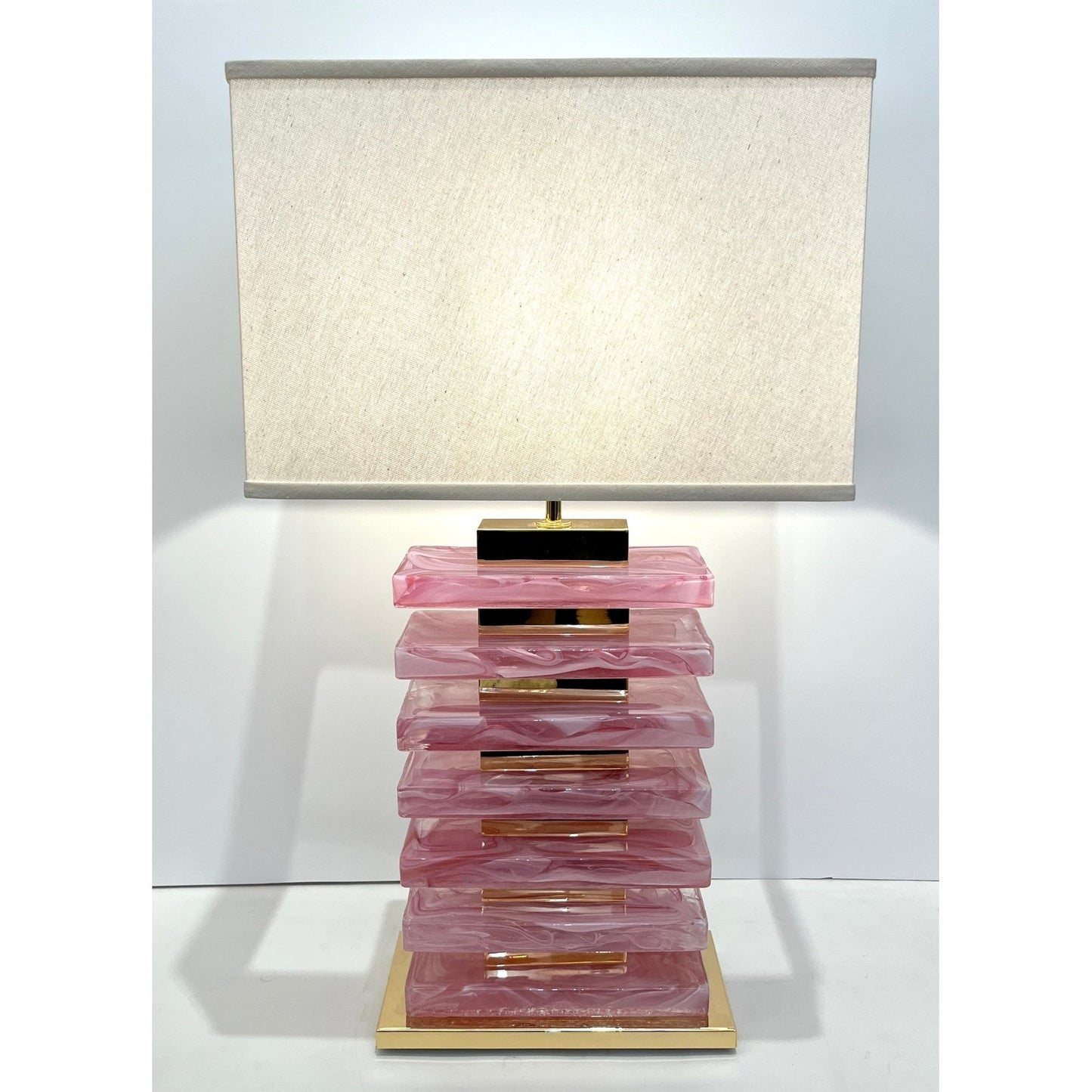 Italian Modern Pair of Architectural Urban Design Pink Murano Glass Brass Lamps