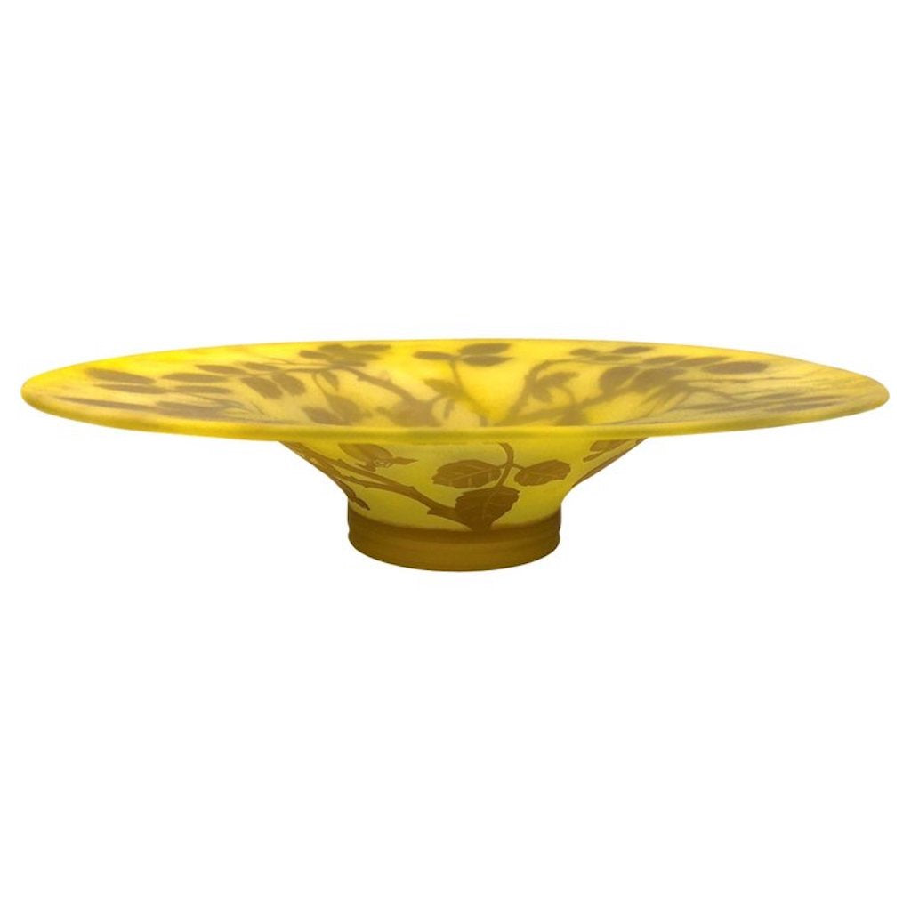 1970 Austrian Vintage Art Nouveau Style Yellow Glass Bowl with Brown Rose Leaves