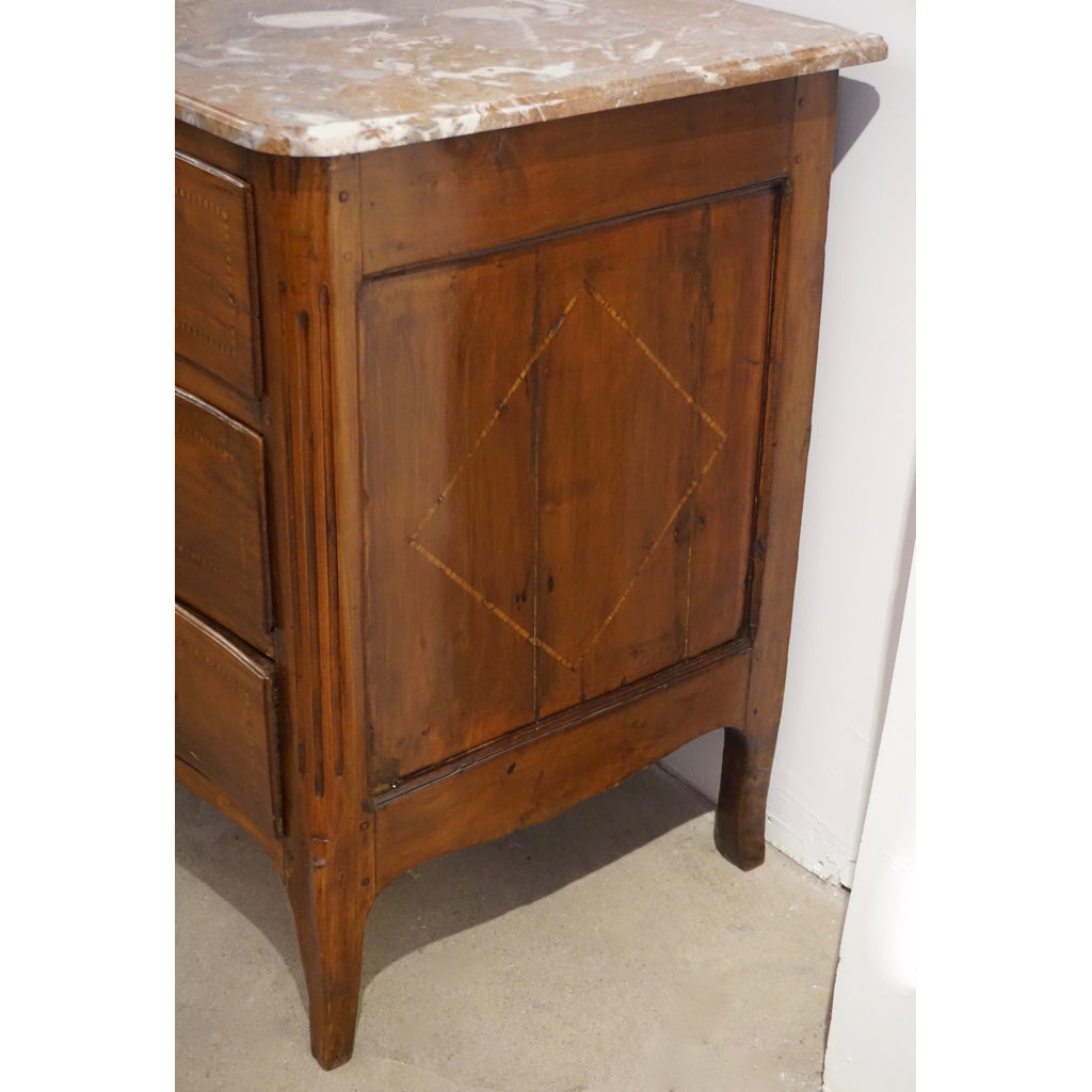 1770s Bow Front French Provincial Marquetry Commode in Solid Walnut & Marble Top