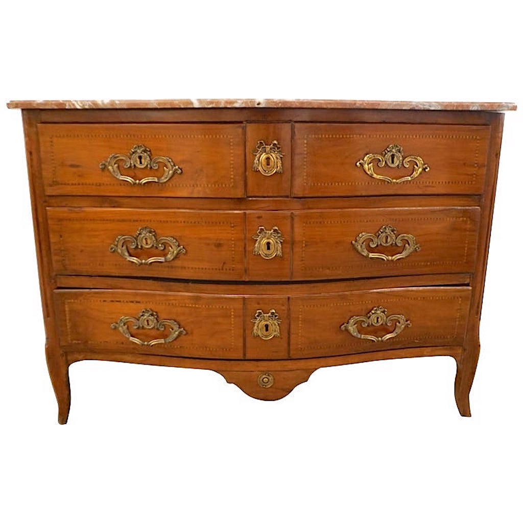 1770s Bow Front French Provincial Marquetry Commode in Solid Walnut & Marble Top