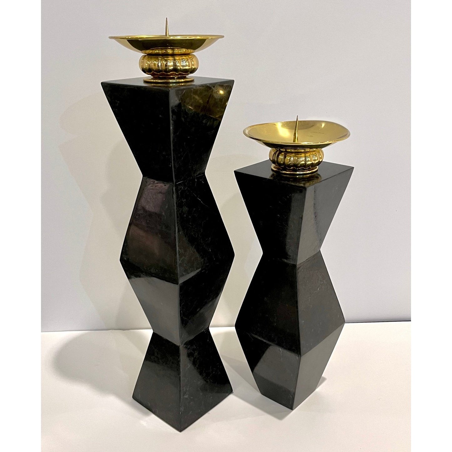 French Vintage Set of 2 Modern Black Lacquer Metal Geometric Cubist Candlesticks