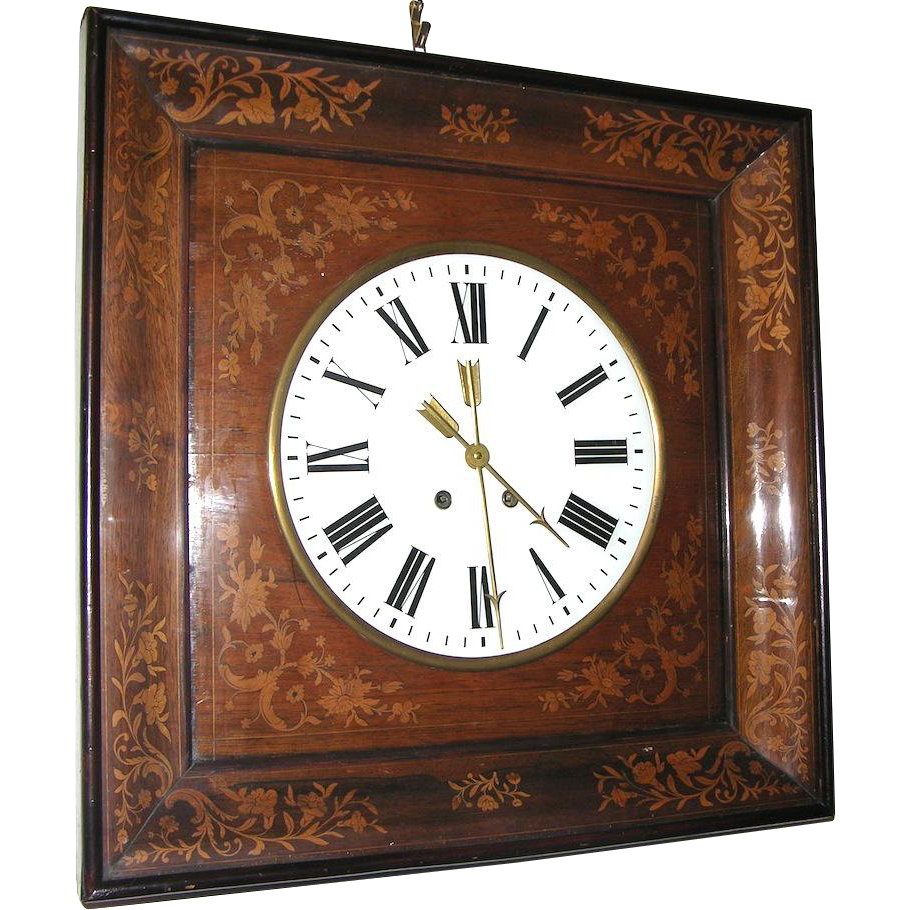 French Inlay Clock 1830s Antique French Charles X Marquetry Inlaid Walnut Wall Clock ...