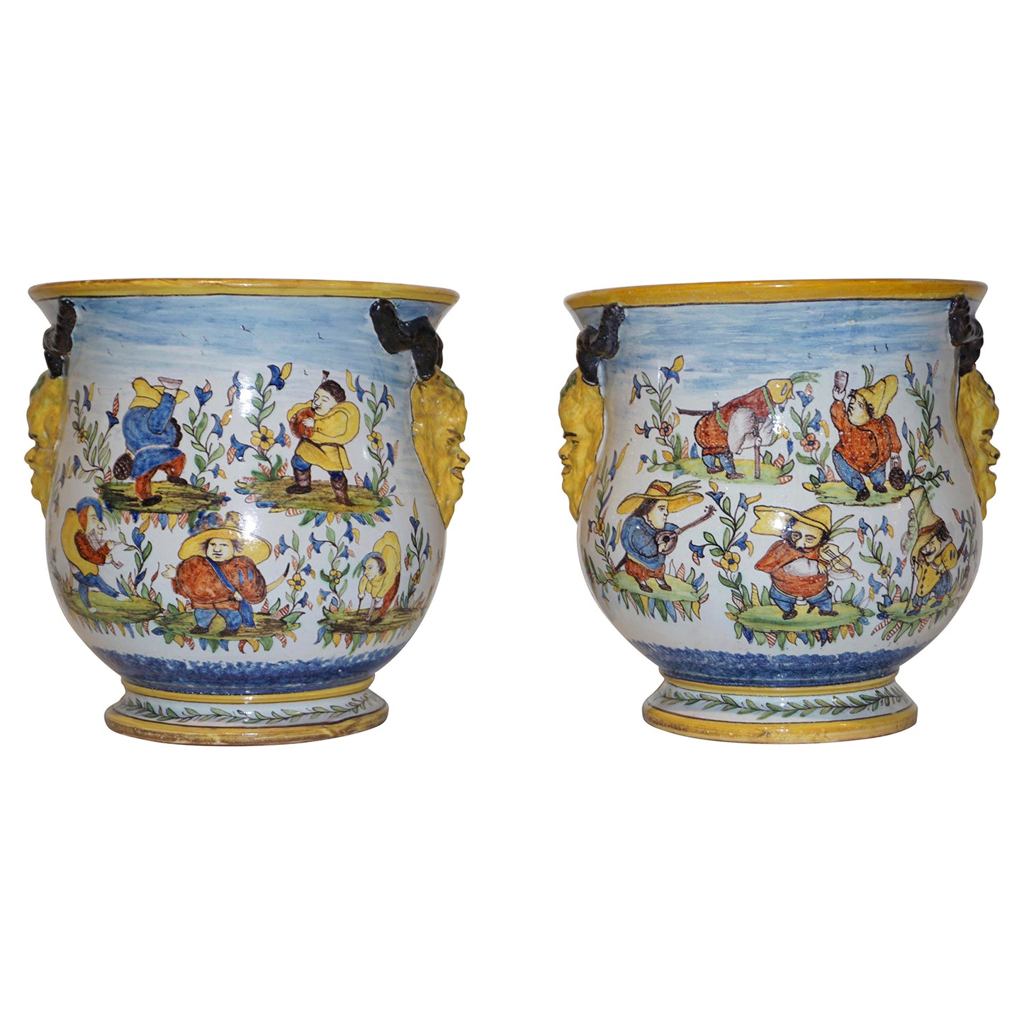 1870s French Pair of Yellow Blue Green Red White Majolica Jardinières / Planters