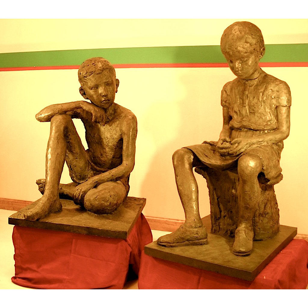 1930s Antique Lifesize Brother and Sister Sculptures in Bronze Finish