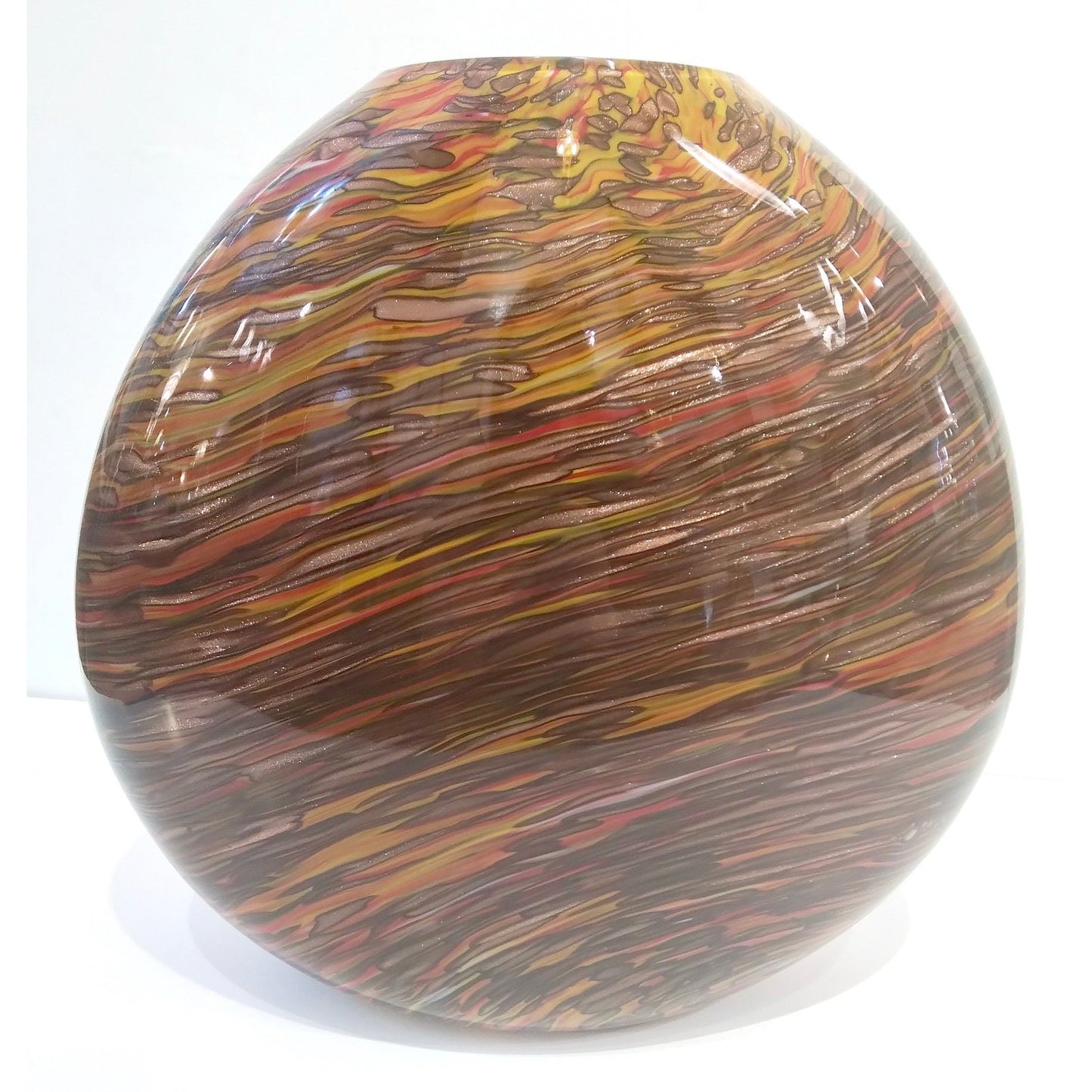 Formia 1980s Modern Elliptical Brown Yellow Red Orange Gold Murano Glass Vase