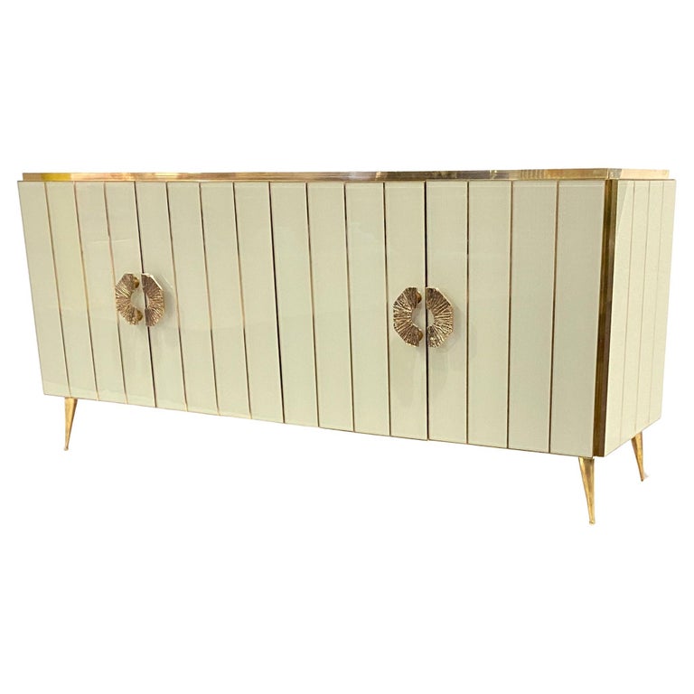 Customizable Italian Art Deco Style Ivory White Glass Brass Modern Cabinet