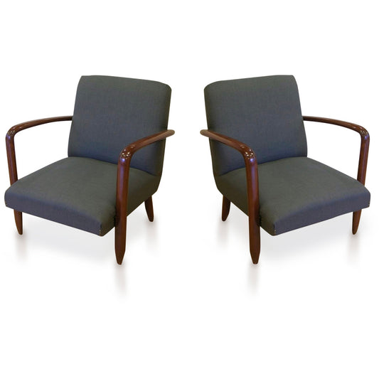 1960s Vintage Walnut Pair of Italian Modern Design Armchairs in Gray Blue Denim