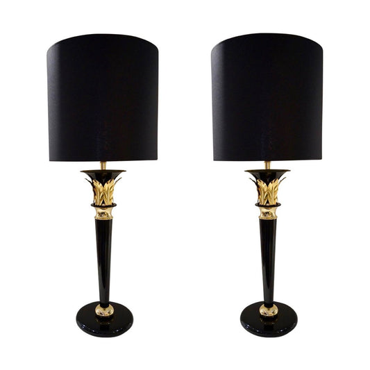 1970 Italian Hollywood Regency Pair of Black Lacquered and Gold Leaf-Motif Lamps - Cosulich Interiors & Antiques