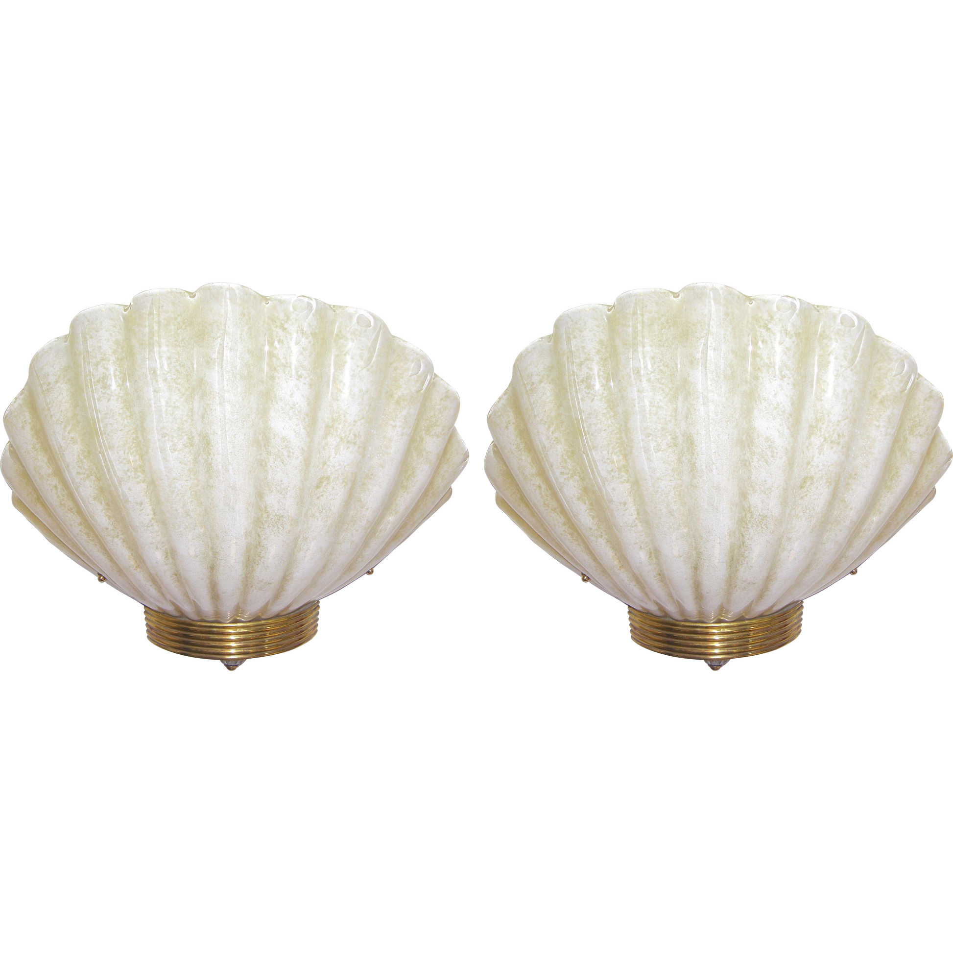 1970s Art Deco Style Pair of Vintage Shell Sconces in Gold & White Murano Glass - Cosulich Interiors & Antiques