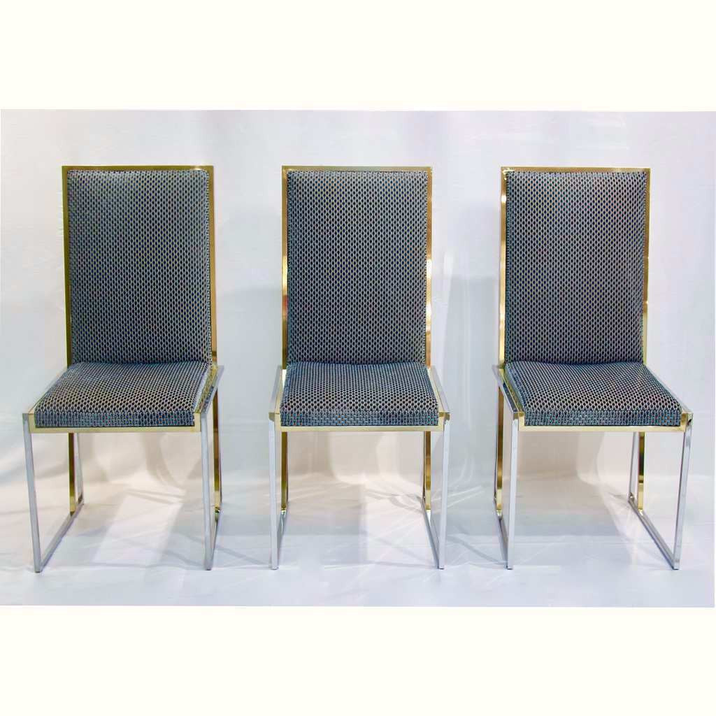 Liwan's 1970s Italian 6 Blue & Satin White Fabric Brass & Chrome Modern  Chairs