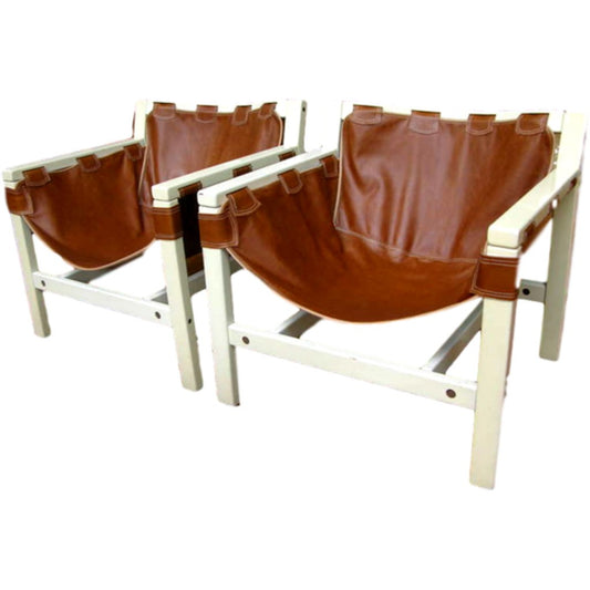 1970s Italian Design Pair of Safari Brown Leather and White Lacquered Armchairs by Karl Hauner - Cosulich Interiors & Antiques