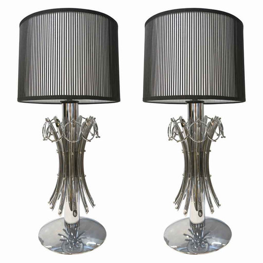 1970s Italian Vintage Tall Pair of Organic Nickel Table Lamps with Pendant Rings - Cosulich Interiors & Antiques
