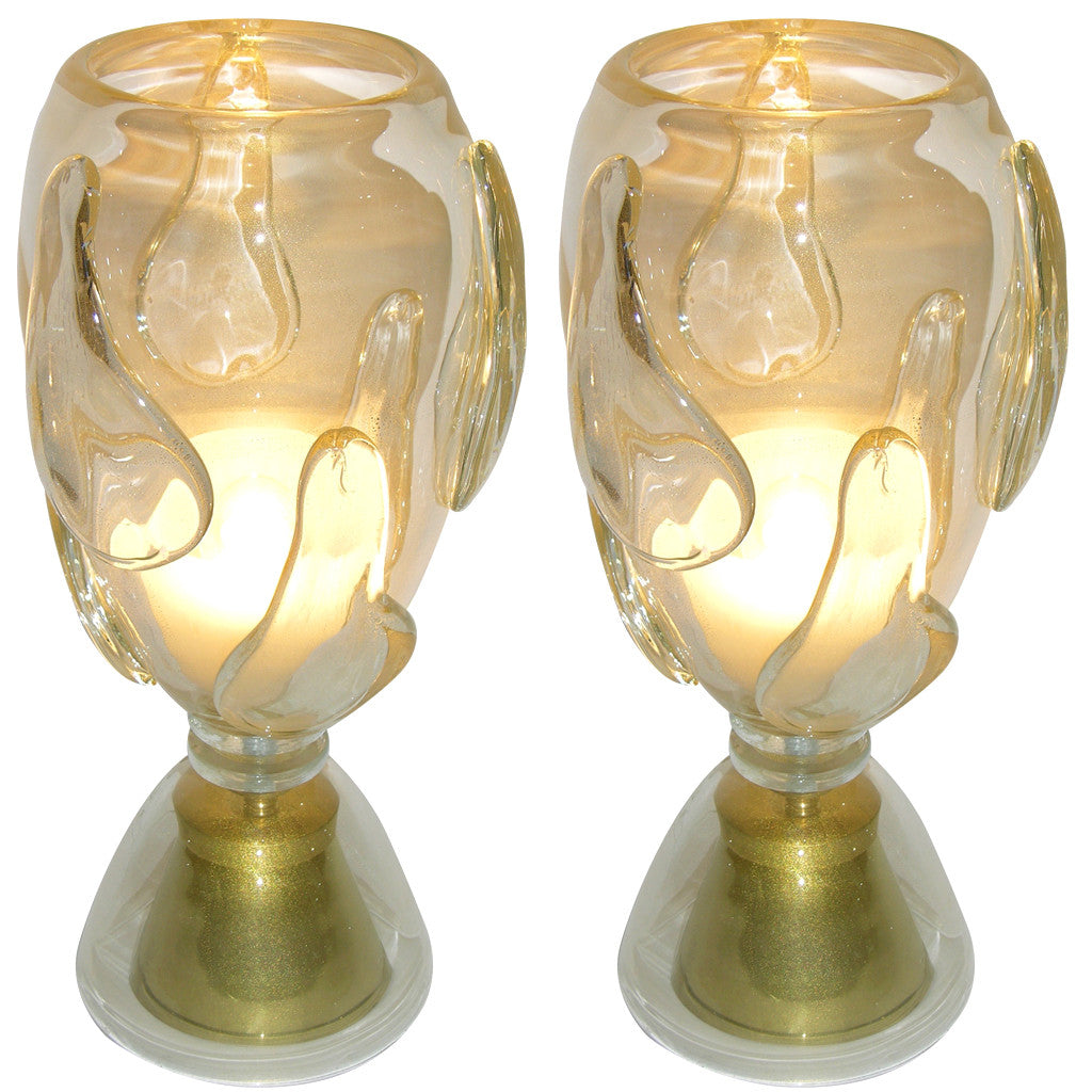 Constantini 1980s Italian Pair of Modern Brass and Gold Murano Glass Lamps - Cosulich Interiors & Antiques