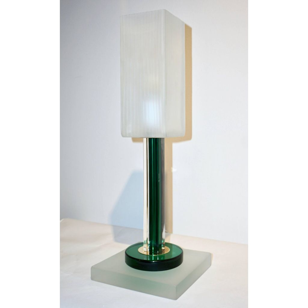 Venini Vintage Green Pair of Table Lamps with White Frosted Murano Glass Shades