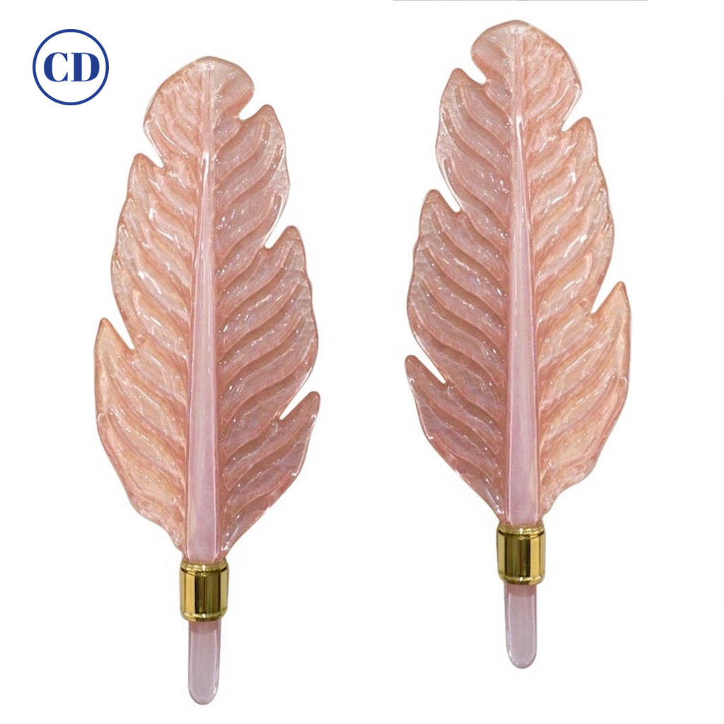 Contemporary Italian Art Deco Pink Murano Glass & Brass Feather Leaf Sconces