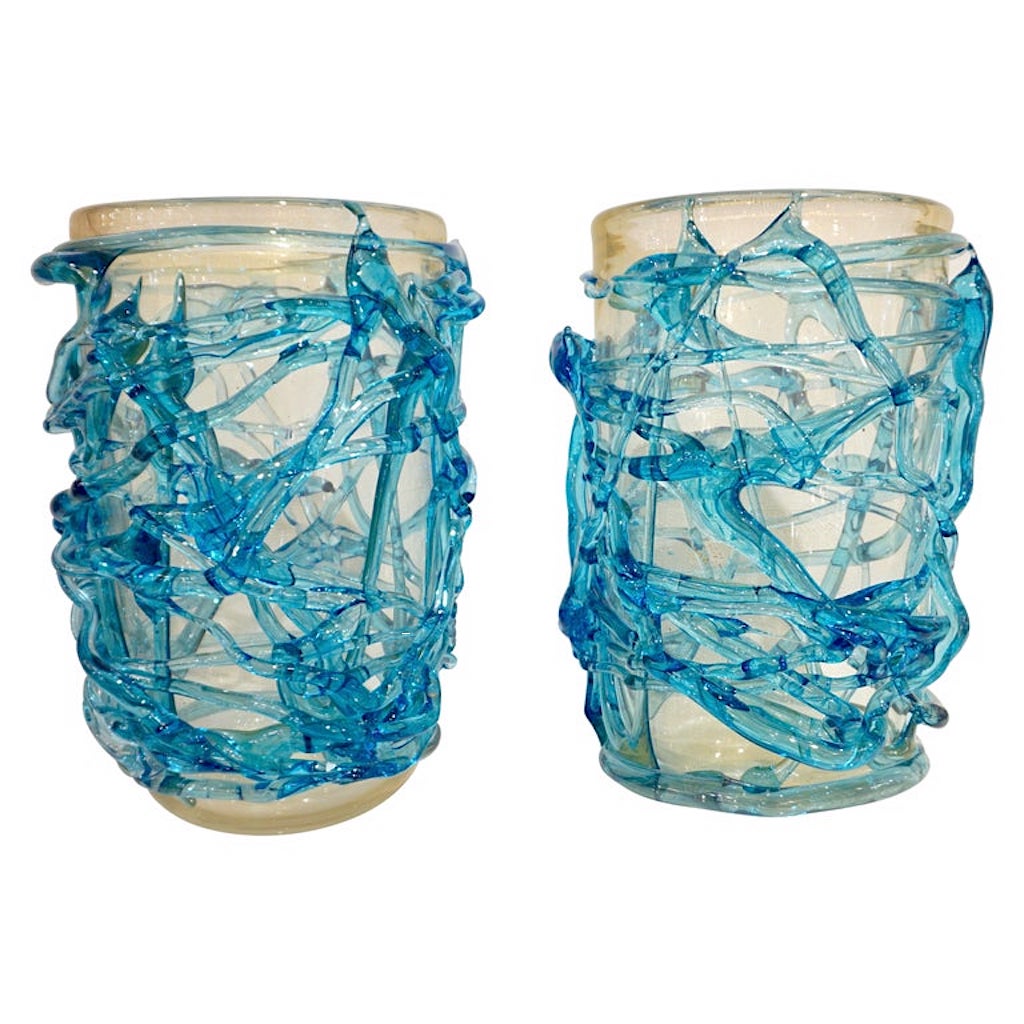 2000 Cenedese Italian Pair of Modern Aqua Blue 24 Kt Gold Murano Glass Art Vases