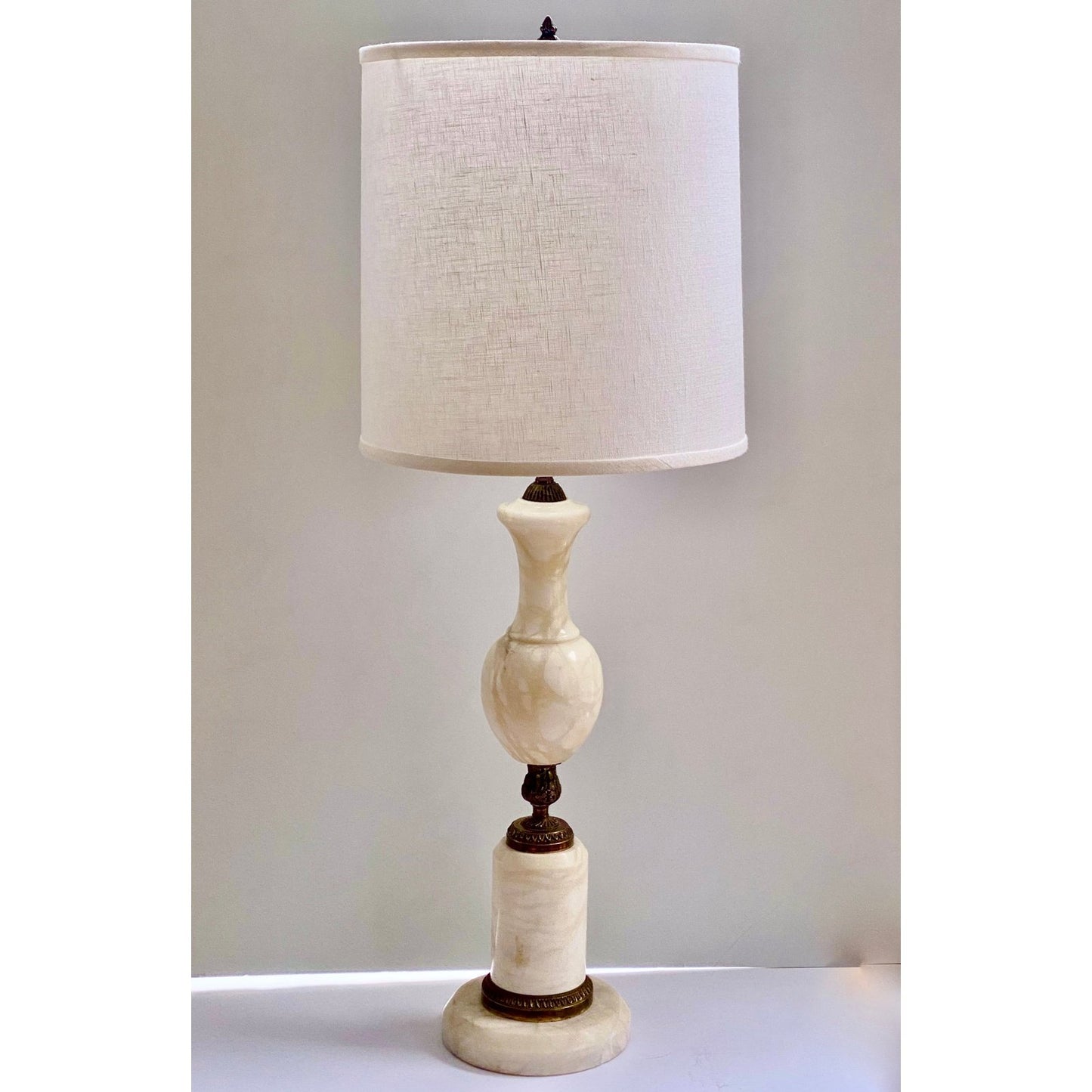 French Antique Art Deco Urn-Shape Chased Bronze White Marble Lamp & Linen Shade