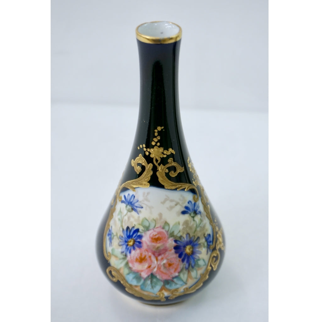 Limoges Porcelain 1930s Vintage French Pair of Cobalt Blue One Flower Vases