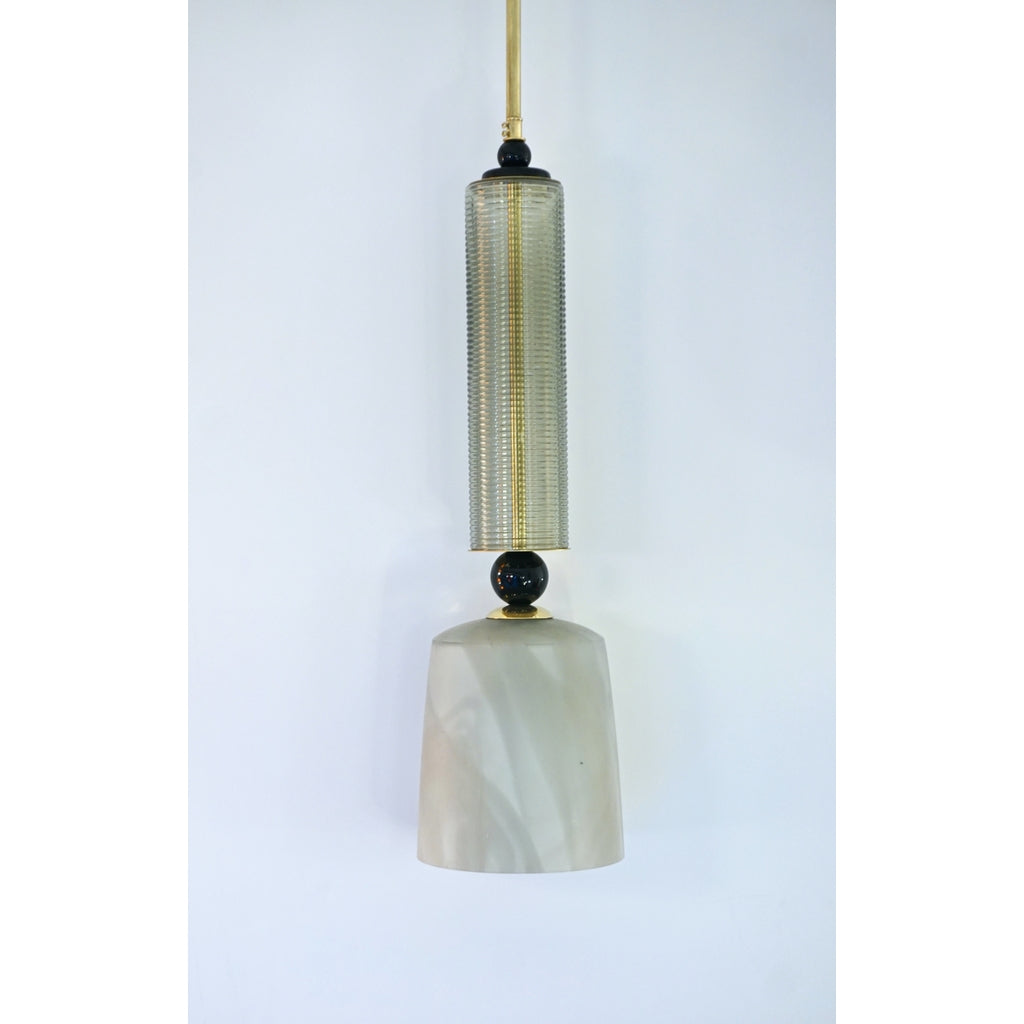 Contemporary Modern Crystal Black and Alabaster Murano Glass Brass Pendant Light